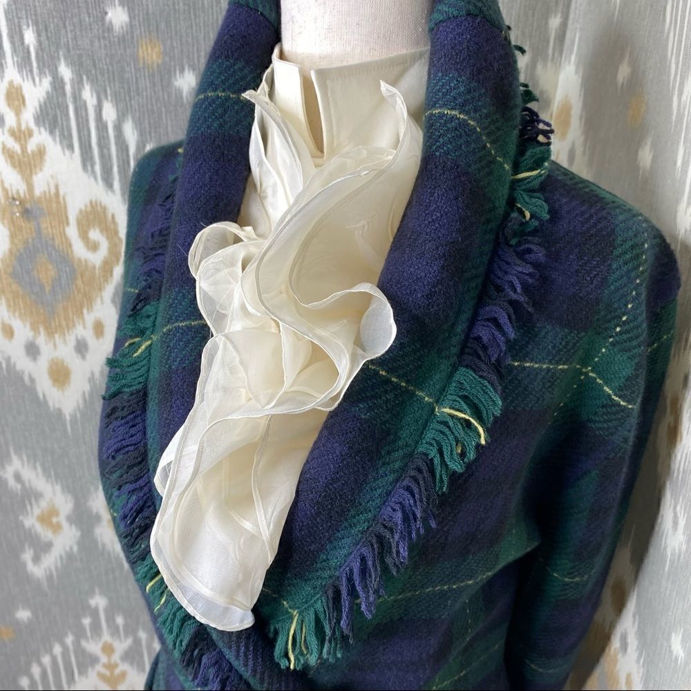 Polo Ralph Lauren Fringed Black Watch Tartan Plaid Double-Breasted Wool Cardigan